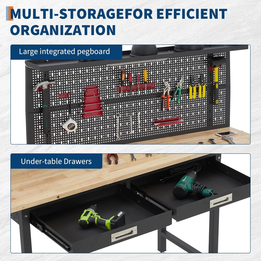 60" Adjustable Heavy Duty Workbench 2000 LBS Work Table with 2 Drawers LED Light
