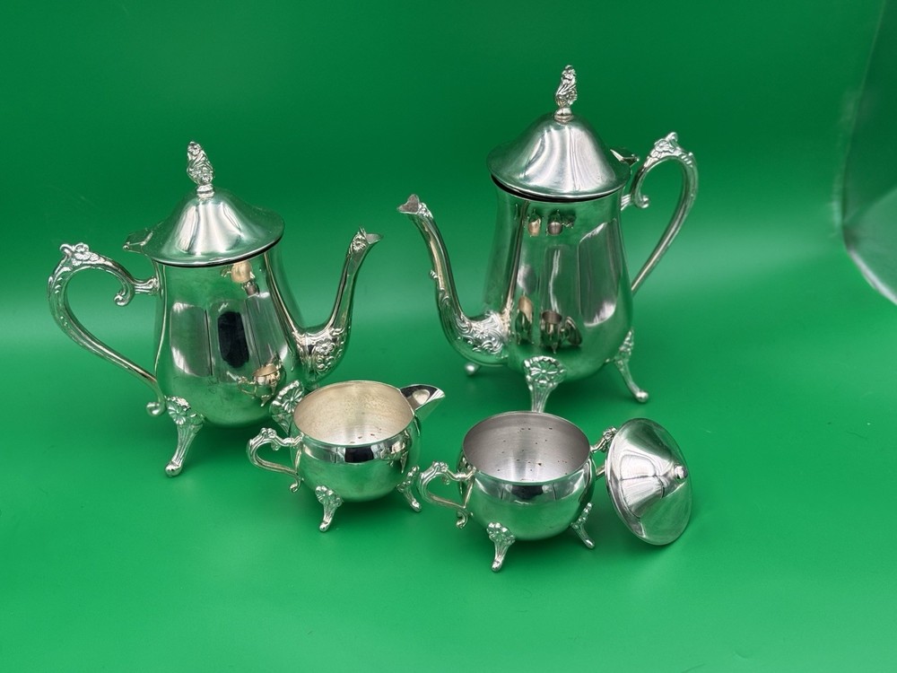 Vintage Silver Plated Tea/Coffee Set W/Sugar Cream Internatiol Silver- Rose Acce