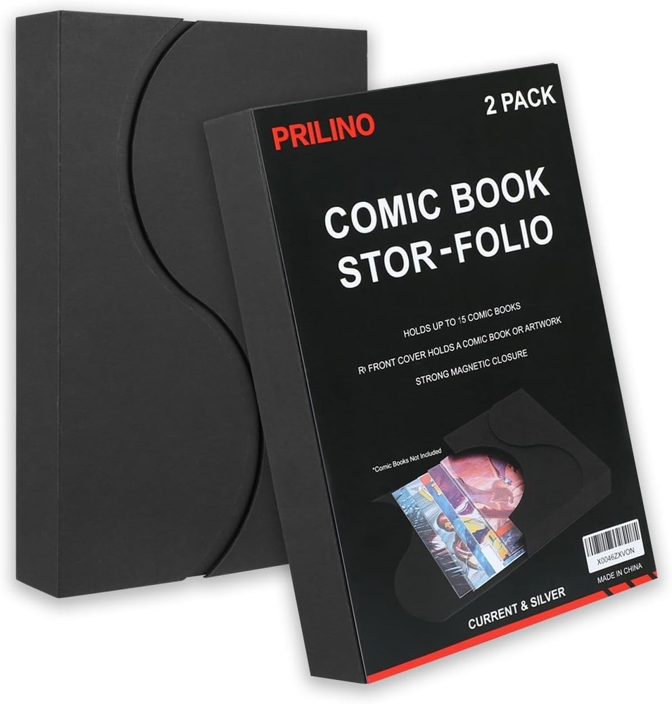 2 Pack Comic Book Storage Boxes Black Portable Durable with Magnetic Closure
