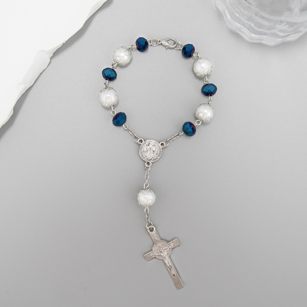 Navy Blue Catholic Auto Rosary St. Benedict Medal for Rearview Mirror Hanging