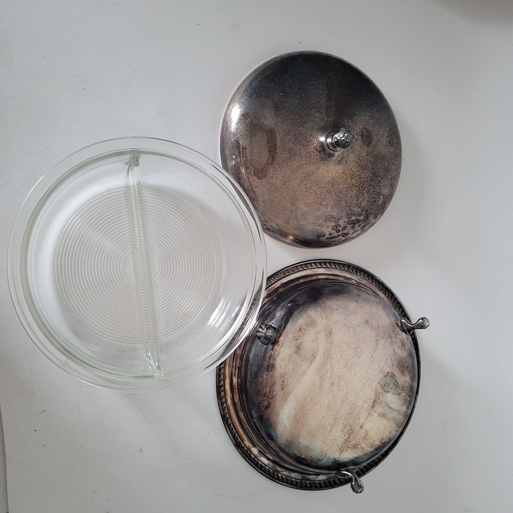 Vintage Sheffield Silver Plated Partitioned Dish w/ Glass Pyrex Insert dual Rare