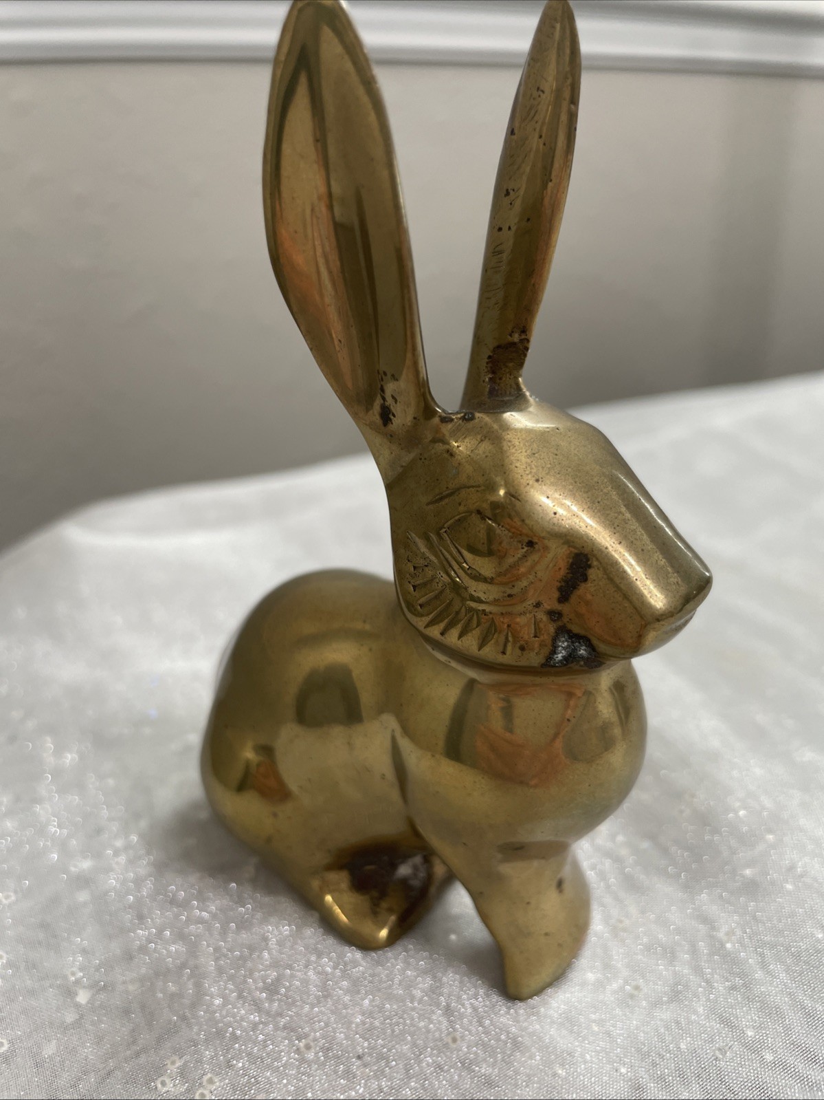 VTG Solid Brass Bunny Rabbit Figurine Paperweight ~Long Ear ~ India 3”Lx4.25”H