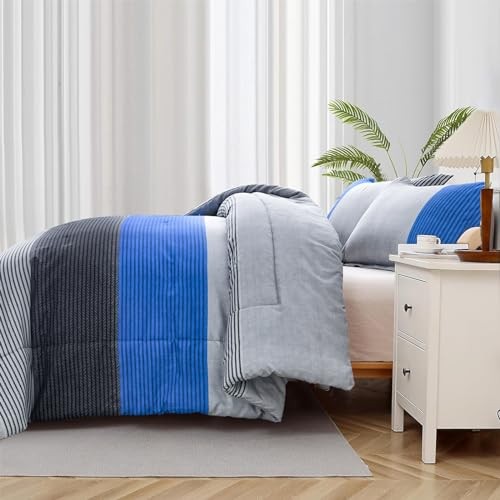 Comforter Set Reversible Grey Striped Patchwork Alternative Queen Blue