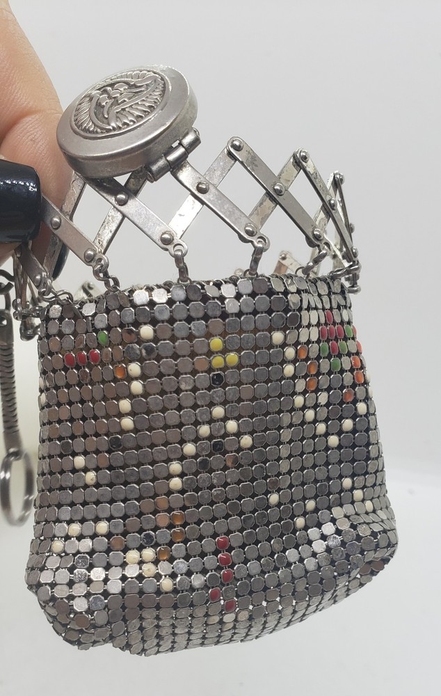 Vintage chatelaine Silver Mesh Coin Purse Compact Expanding Frame Enamel Accent