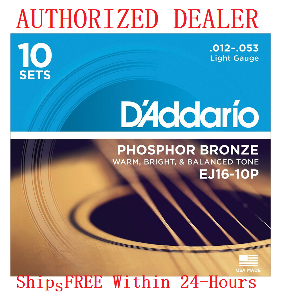 10 Pack EJ16 D'Addario EJ16-10P Light Acoustic Guitar Strings Phosphor Bronze