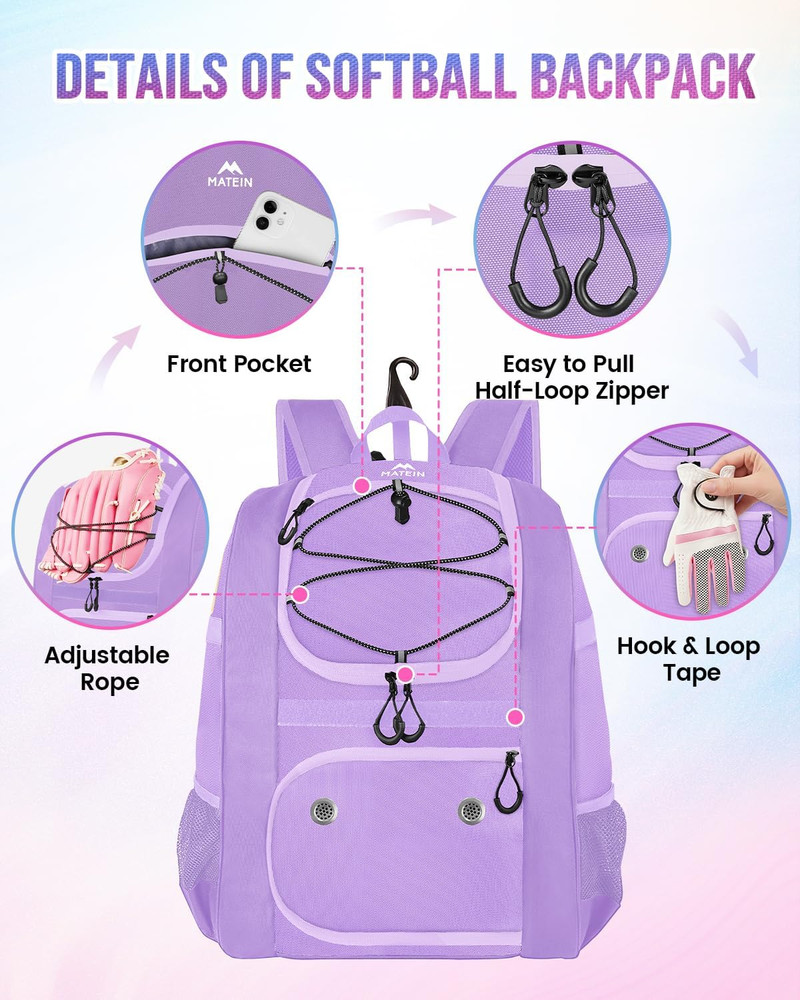 Softball Bag, Lightweight Baseball Backpack with Shoe Compartment, Baseball Bag