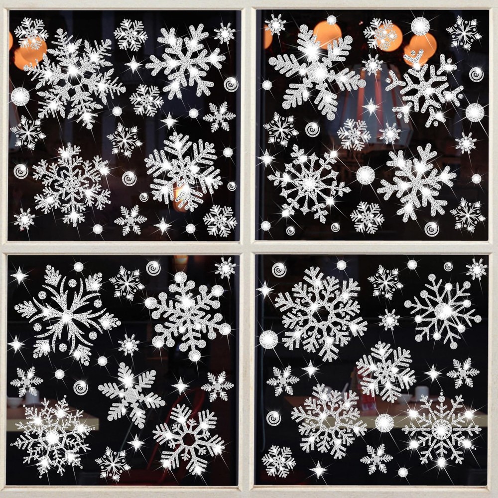 Glitter Snowflake Window Clings, 147PCS Silver Sparkling Christmas Window Cli...