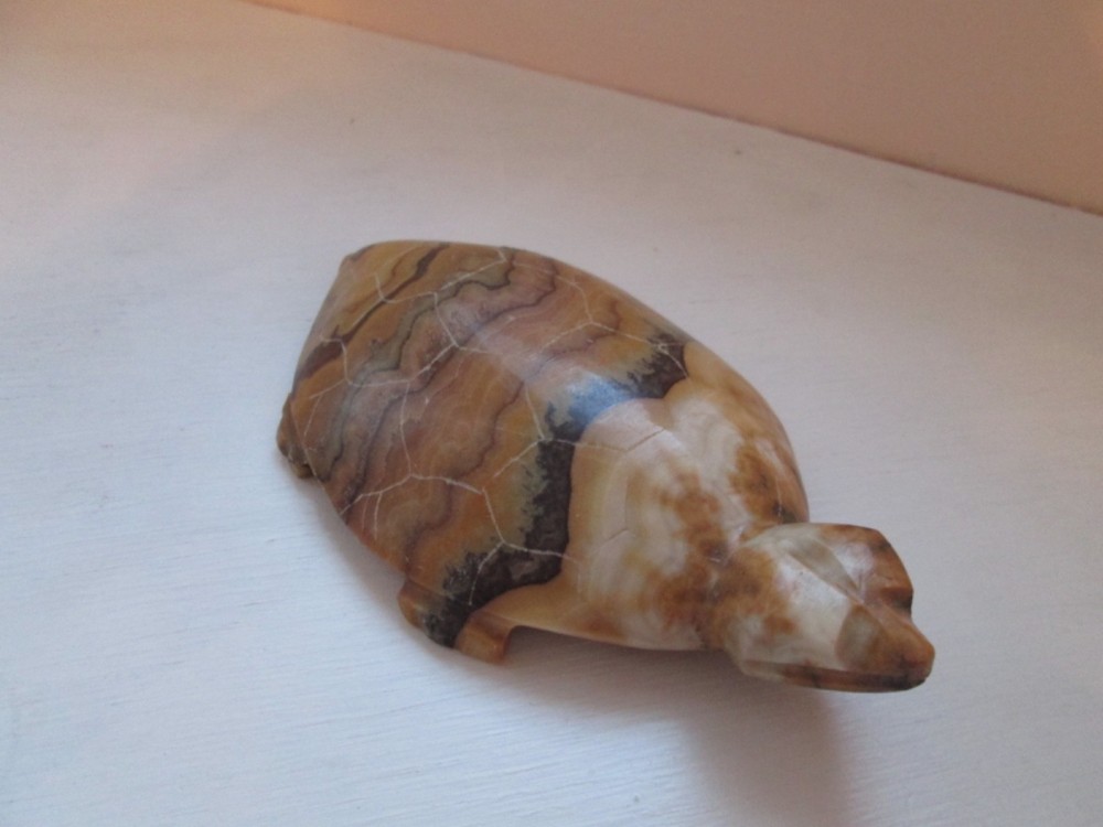 Solid Stone Turtle Figurine Hand Carved 6" Long