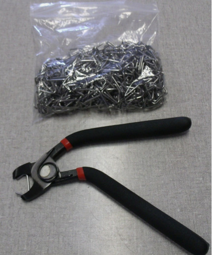 Hog ring pliers and bag of hog rings for auto upholstery seat covers installatio