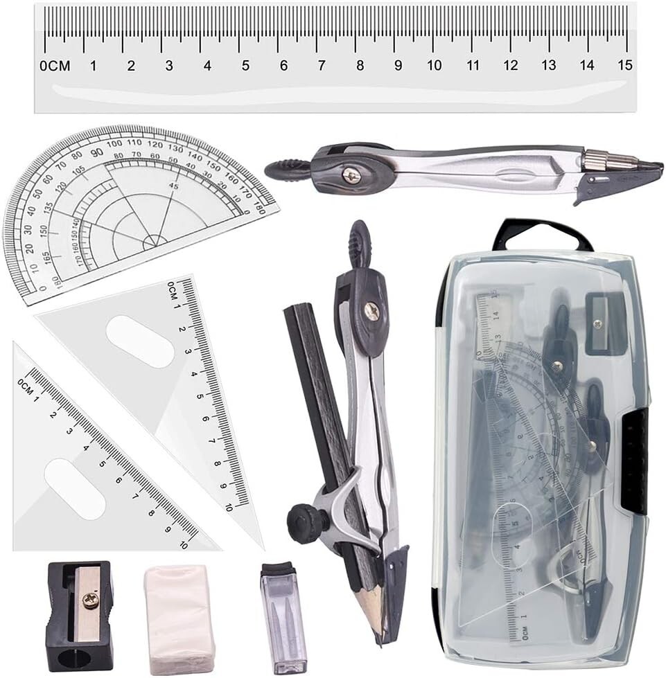 10-Piece Drafting Geometry Set with Compasses & Protractor for Student Success