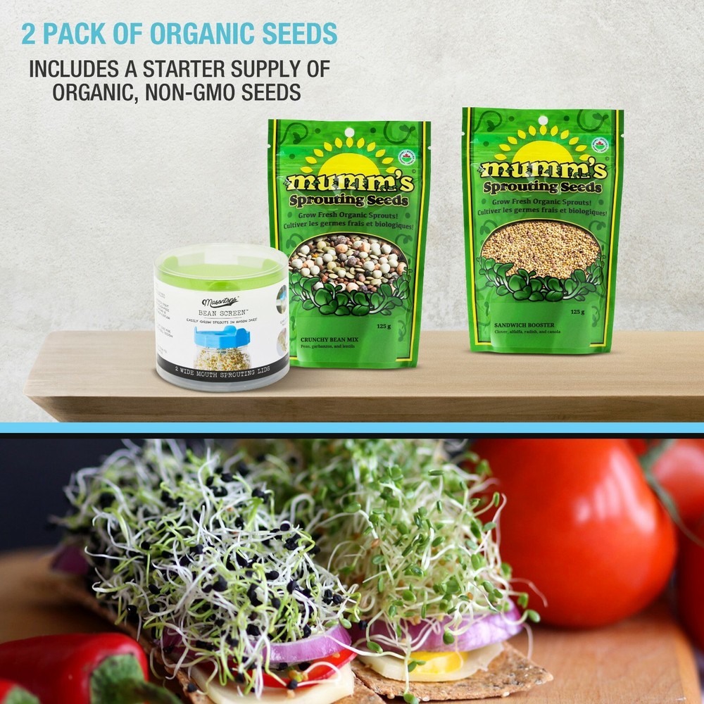Masontops Bean Screen Sprouting Seed Bundle - 2 Wide Lids & 2 Sprouting Mixes