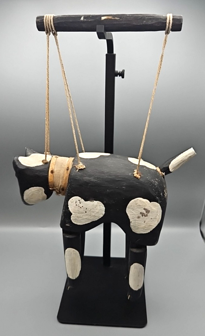 Vintage Black and White Folk Art Cat Marionette, 9" X 8.75", 15" W/Handle