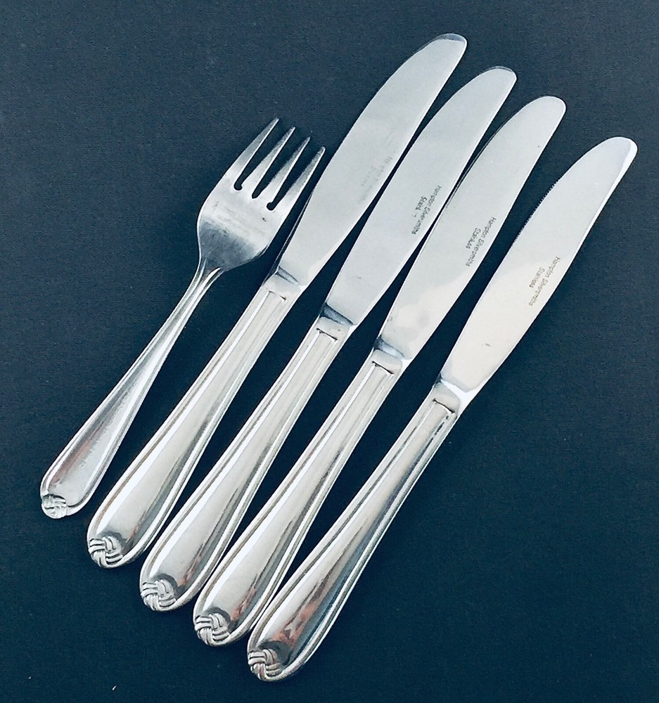 5 HAMPTON SILVERSMITHS ROMANCE DINNER KNIVES & SALAD FORK KNOT TIP STAINLESS RET