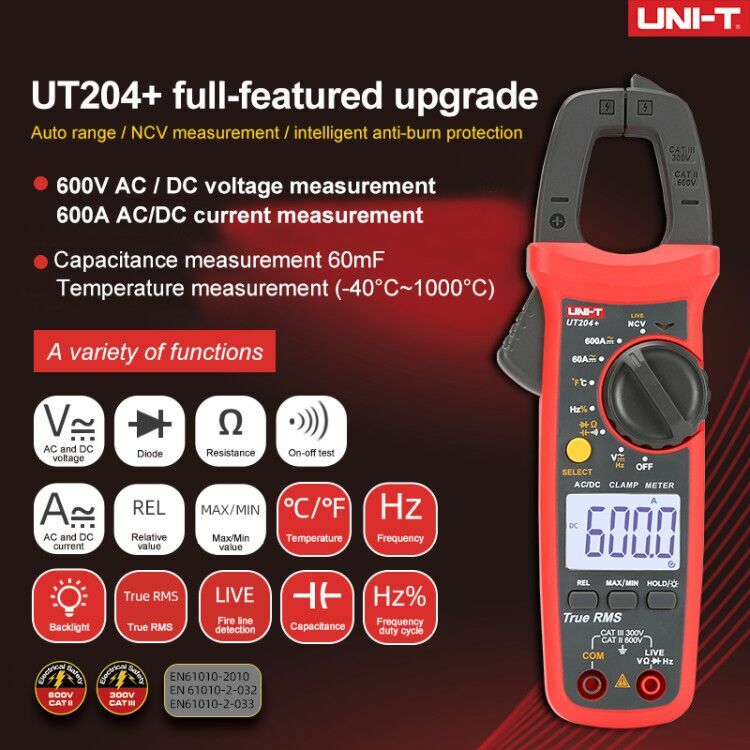 UNIT TRUE RMS Digital Clamp meter AC DC NCV Multimeter Cap Live Wire Test UT204+