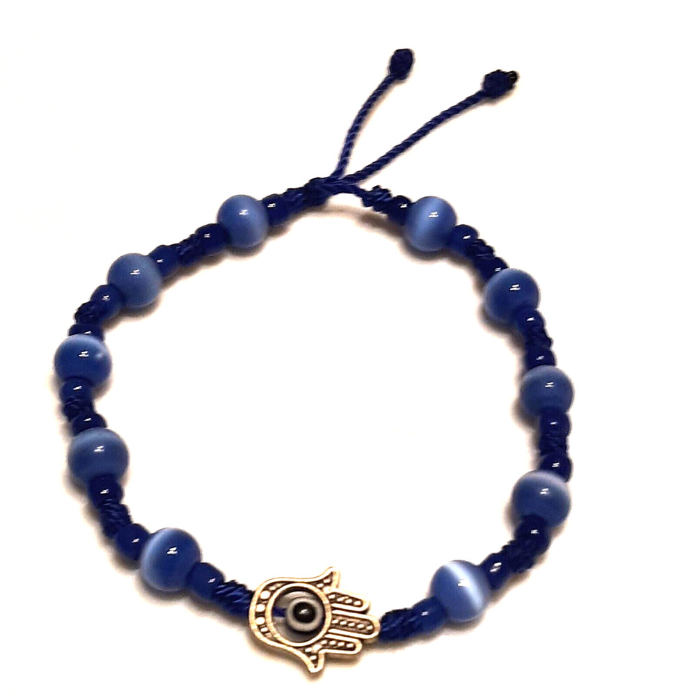 Hamsa Hand bracelet with Blue Cat Eye beads and Black string