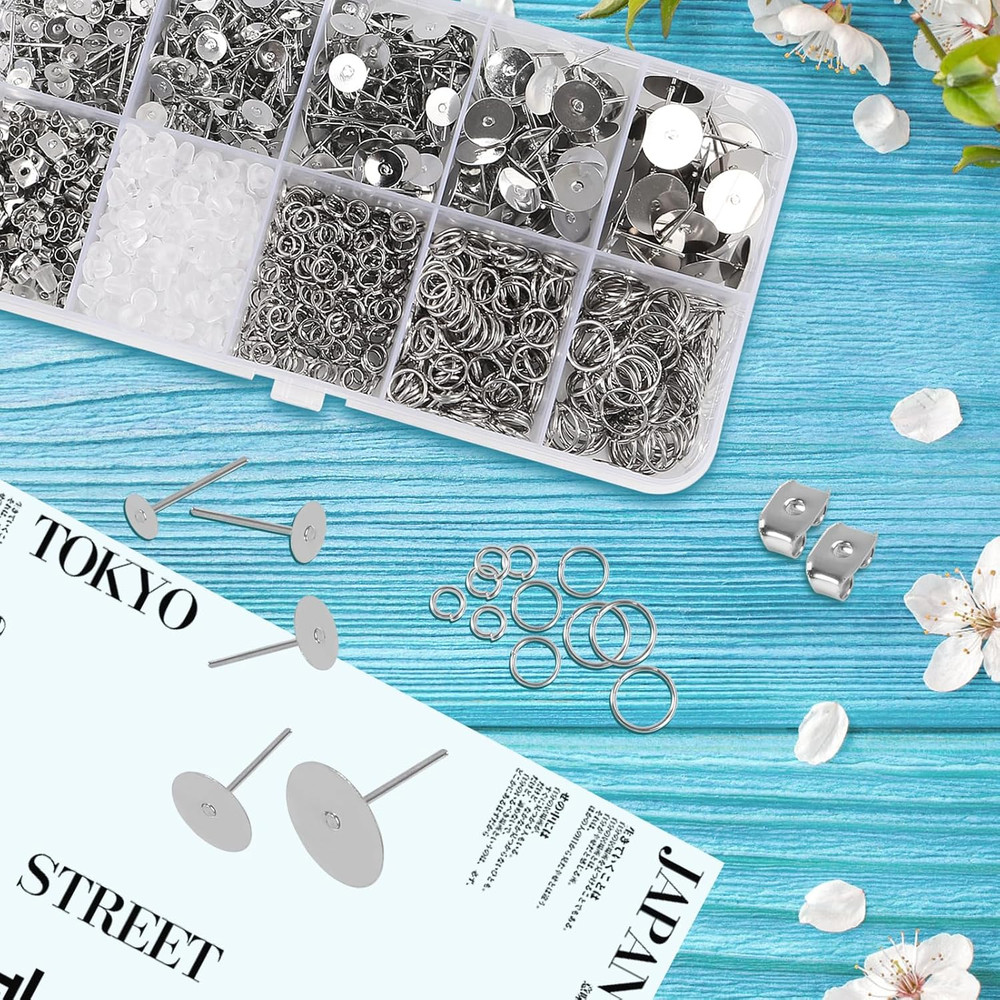 1650Pcs Earring Posts and Backs Jump Rings Kit Hypoallergenic Earring Studs Butt