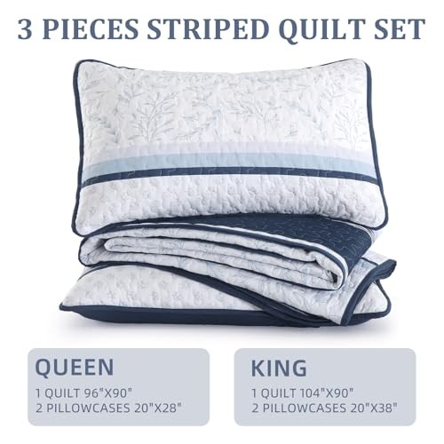 Striped Quilt Set Size Boho Striped Patchwork Leaves Printed Queen Navy Blue