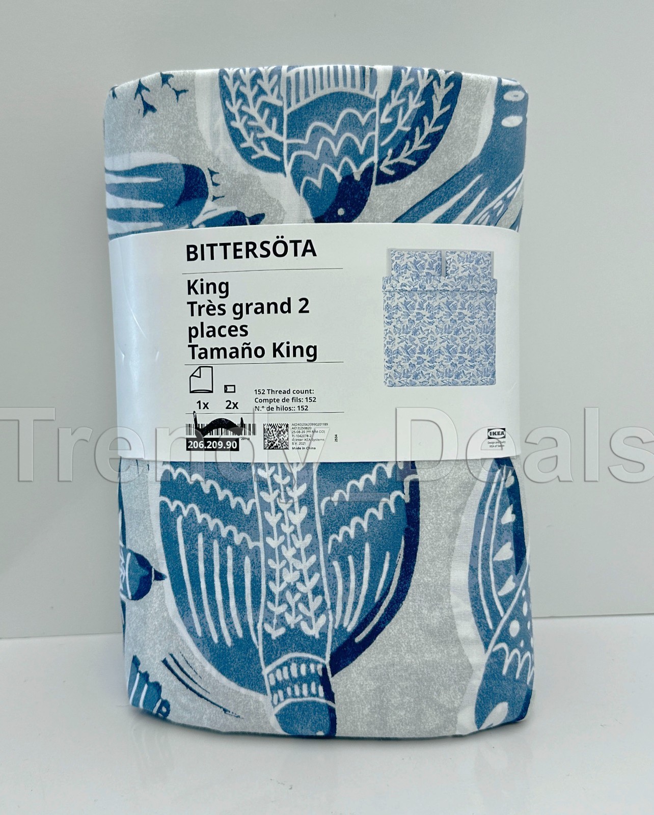 Ikea BITTERSOTA King Duvet Cover +2 Pillowcases Bed Set Light gray/blue Birds