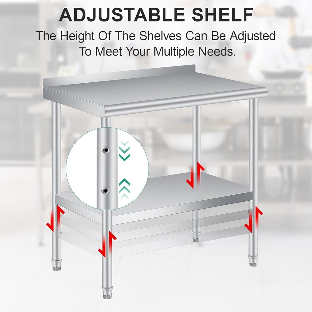 Commercial Stainless Steel Prep Work Table with Backsplash & Adjustable Shelf