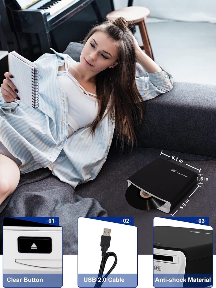 Universal External CD Player for Car with Remote Control & USB Extension Cable