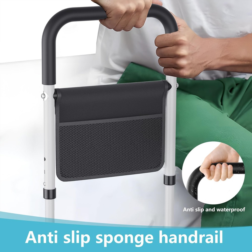 Adjustable Bed Rail Support Handle with Storage Pouch, White and Black, Height