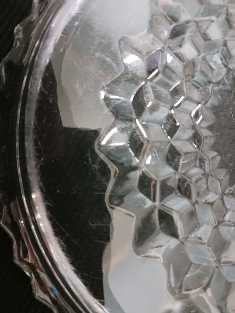 Vintage Jeannette Glass Cube Pattern Round Handled Tray Clear
