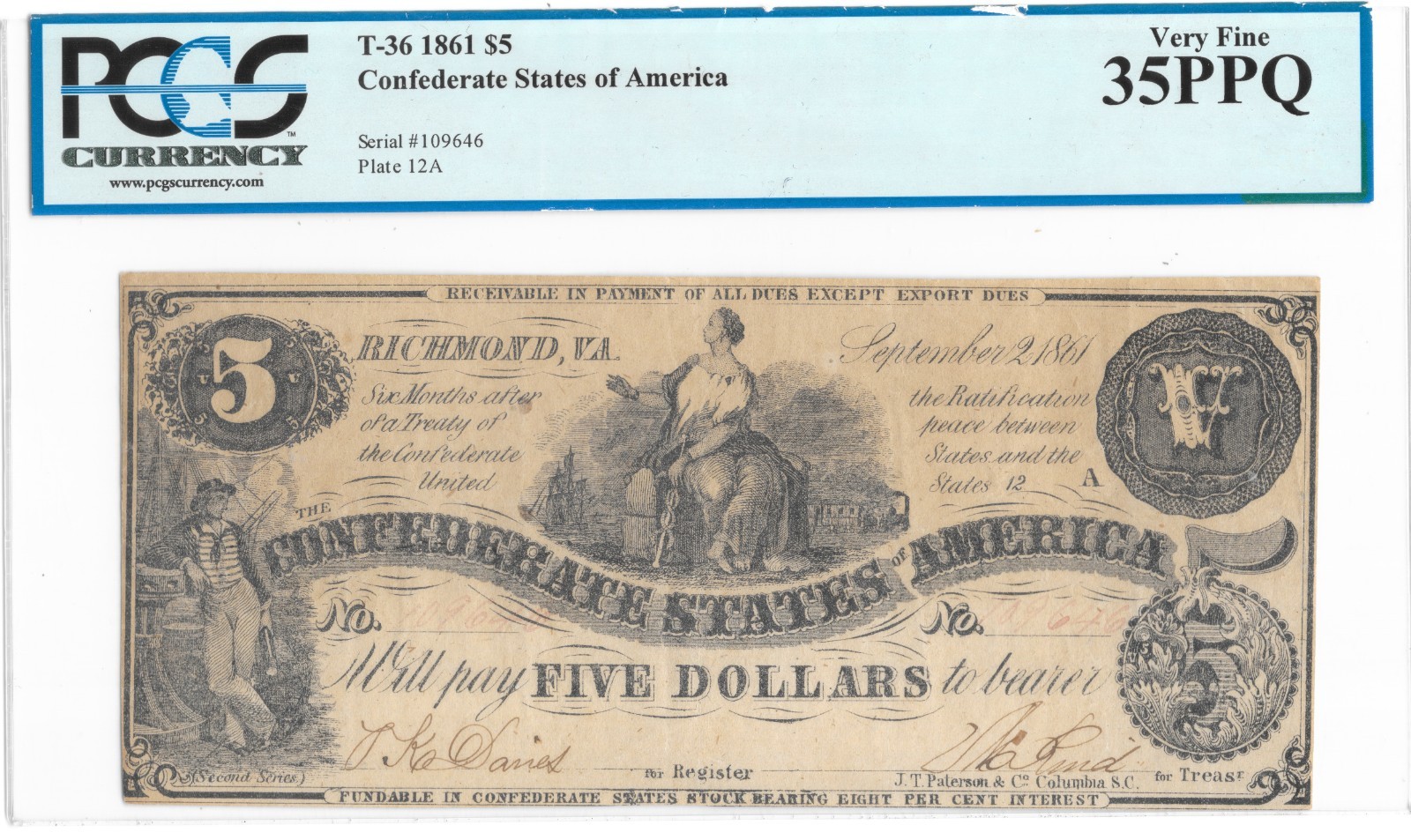 T-36 1861 $5 Confederate Note Civil War Money PCGS Currency VF35 PPQ EPQ PF-4