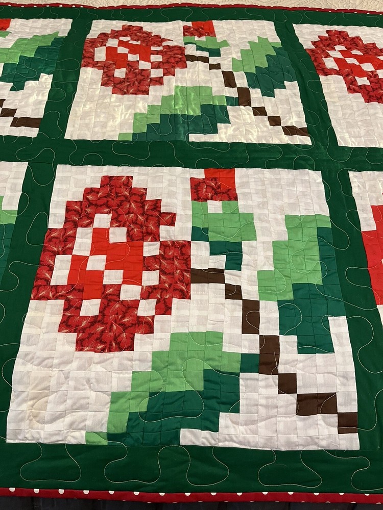 Handmade Quilt Patchwork Cotton Floral Throw Pixelated Flower Red & Green