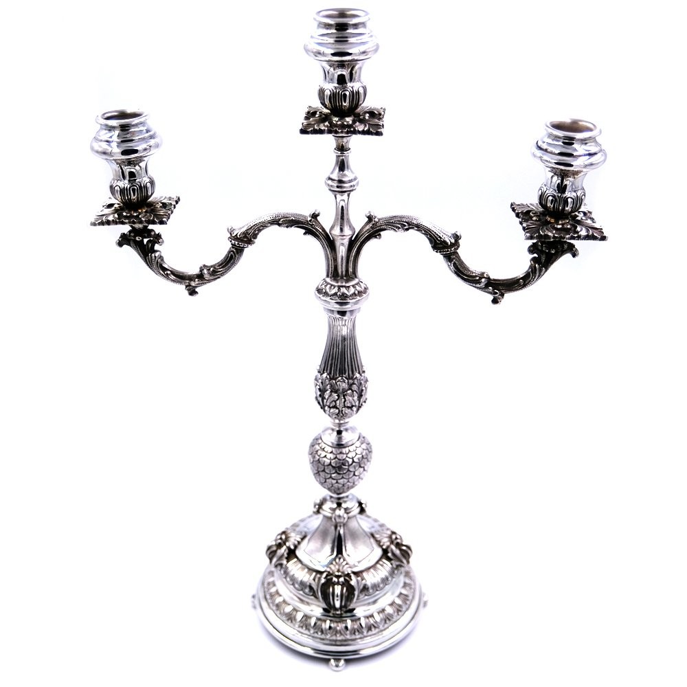 Italian Solid Silver Three Armed Baroque Candelabra