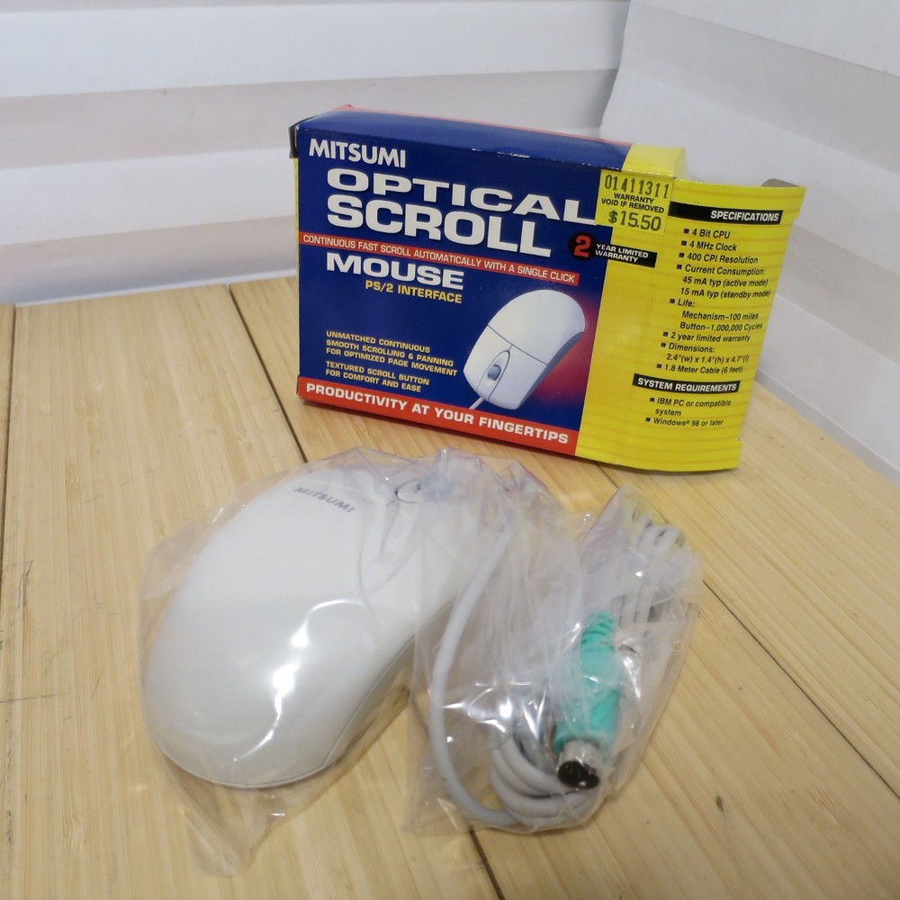 NOS Vintage Mitsumi PS2 Optical Mouse ECM-S6102 2-Button with Scroll Wheel