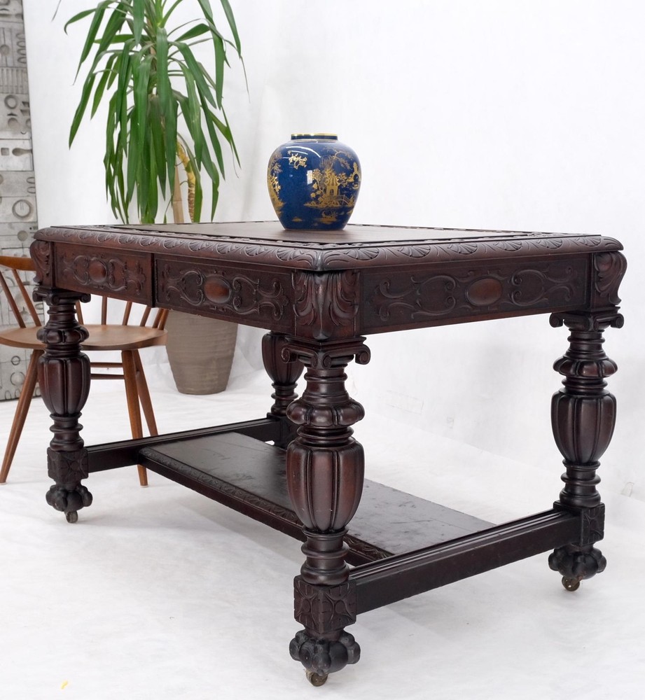 Jacobean Finely Carved Massive Solid Mahogany Partners Desk