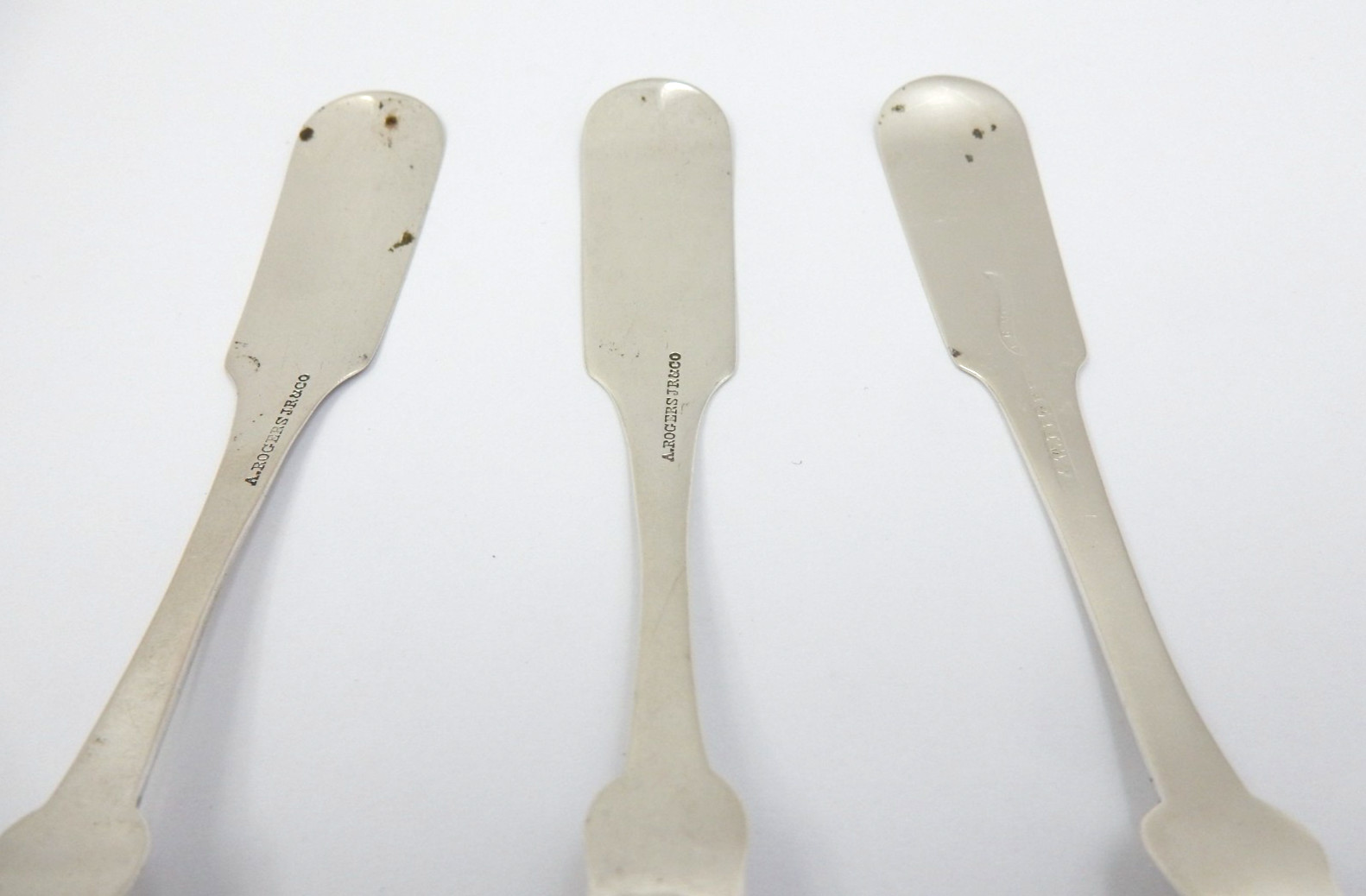 ANTIQUE SET OF THREE .900 COIN SILVER TEASPOONS W/MONO - 44.4 GRAMS TOTAL SCRAP