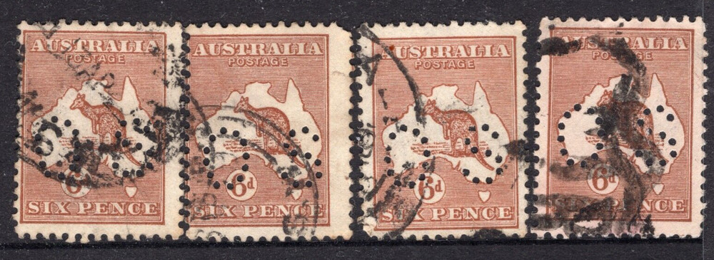 6d Brown Roo / Kangaroo Australia Small OS Perfin LOT  x 4   REF: R6DA