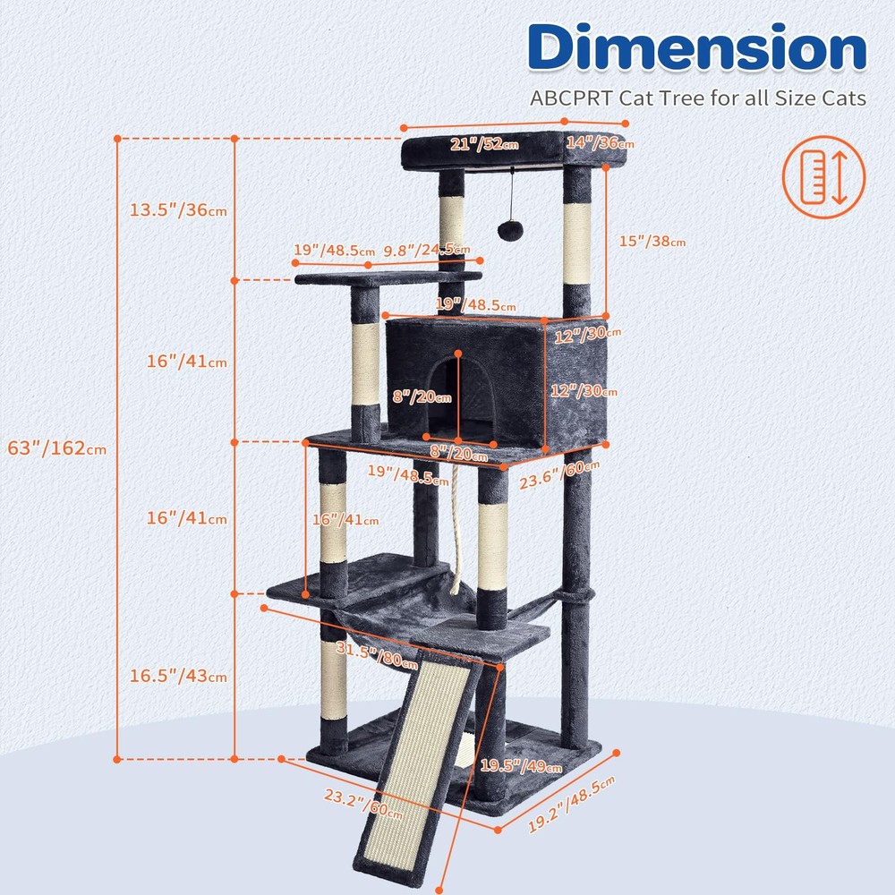 Cat Tree Tower 63in Multi-Level Cat Tower for Indoor Cats with Sisal Scratchi...