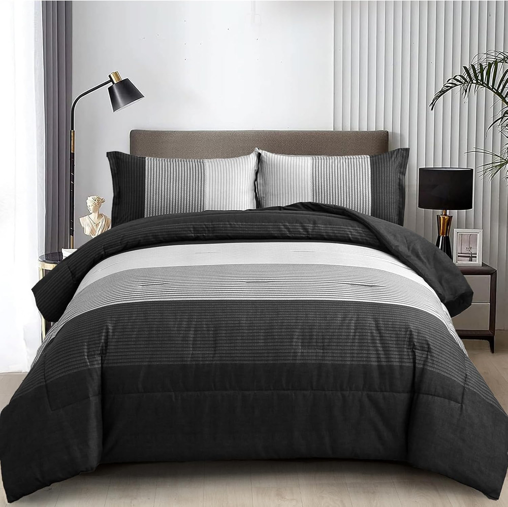 Black Comforter Set Queen, Reversible Black Grey Stripe down Alternative Comfort