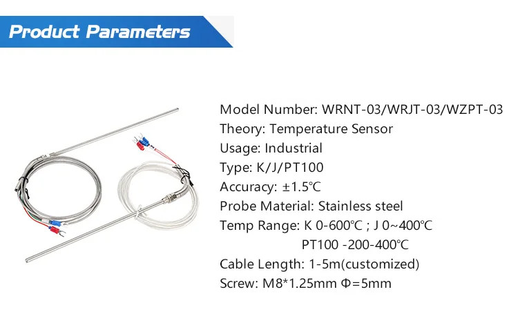 Thermocouple Temperature Sensor Compression Spring Probe M8 1m 2m 3m 5m Type K J