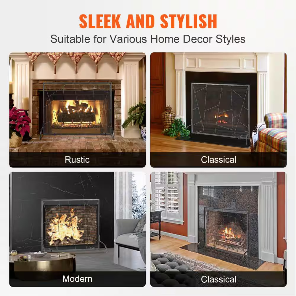 Single Panel Fireplace Screen Iron Mesh Free Standing 36 x 28 in