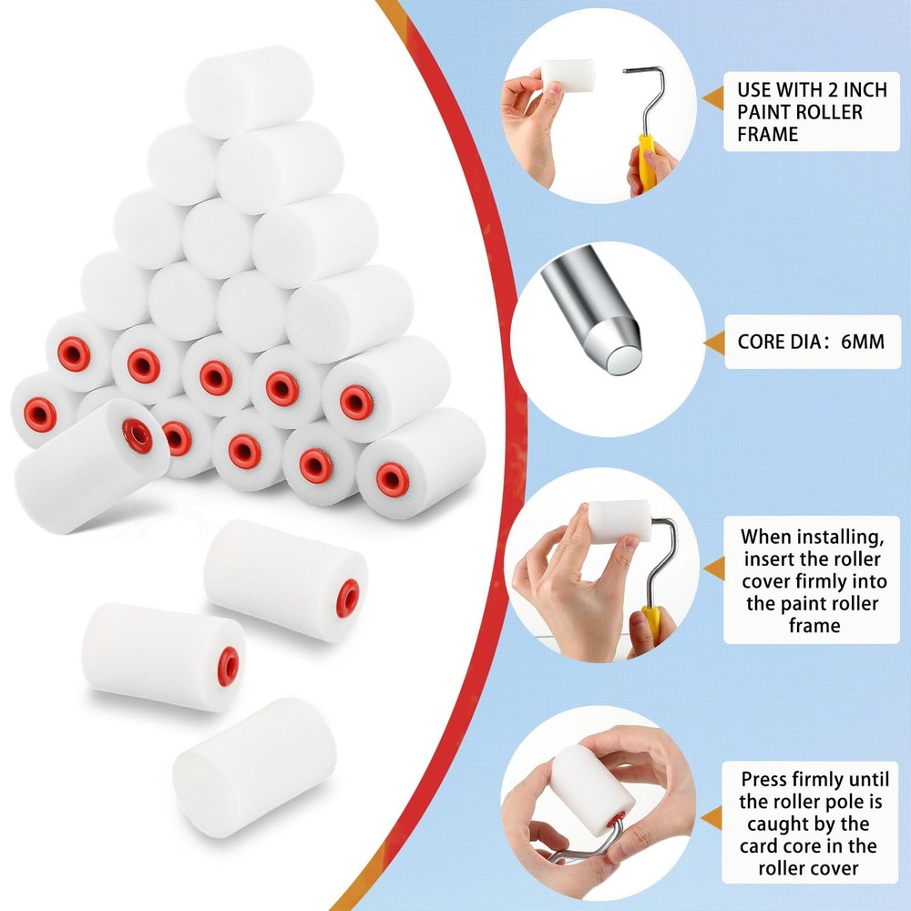 40 Pcs 2 Inch Mini Paint Roller Foam Covers Small High Density...