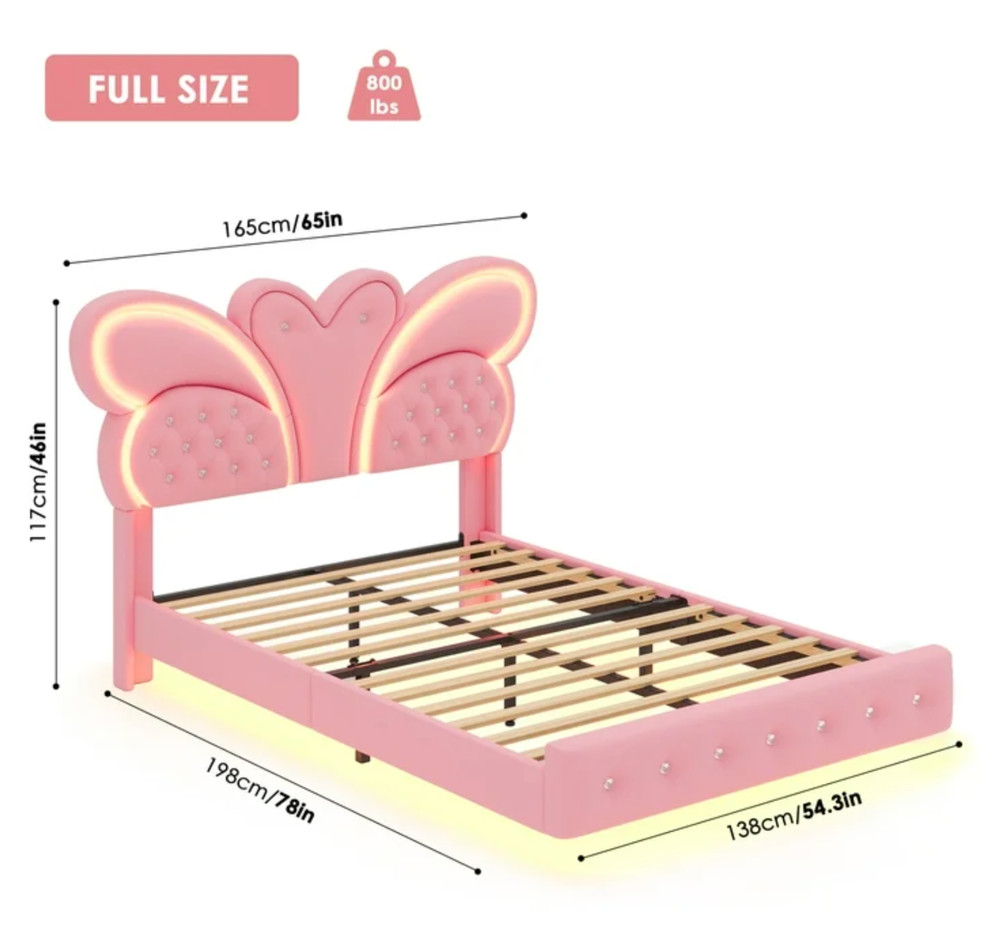 Platform Bed Frame Full Size Butterfly LED Adjustable Headboard for Kids Pink