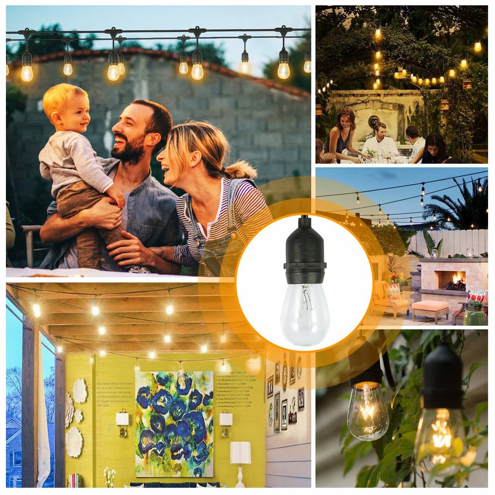 48FT Outdoor String Light Patio Vintage Edison Bulbs Hanging Socket Waterproof