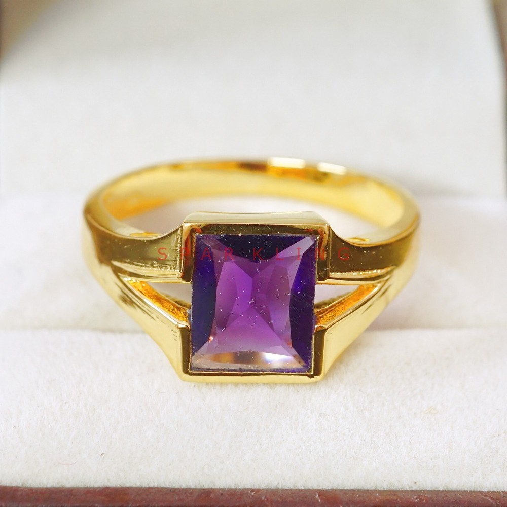 Amethyst Baguette Cut With 14K Solid Gold Ring For Men's #E486
