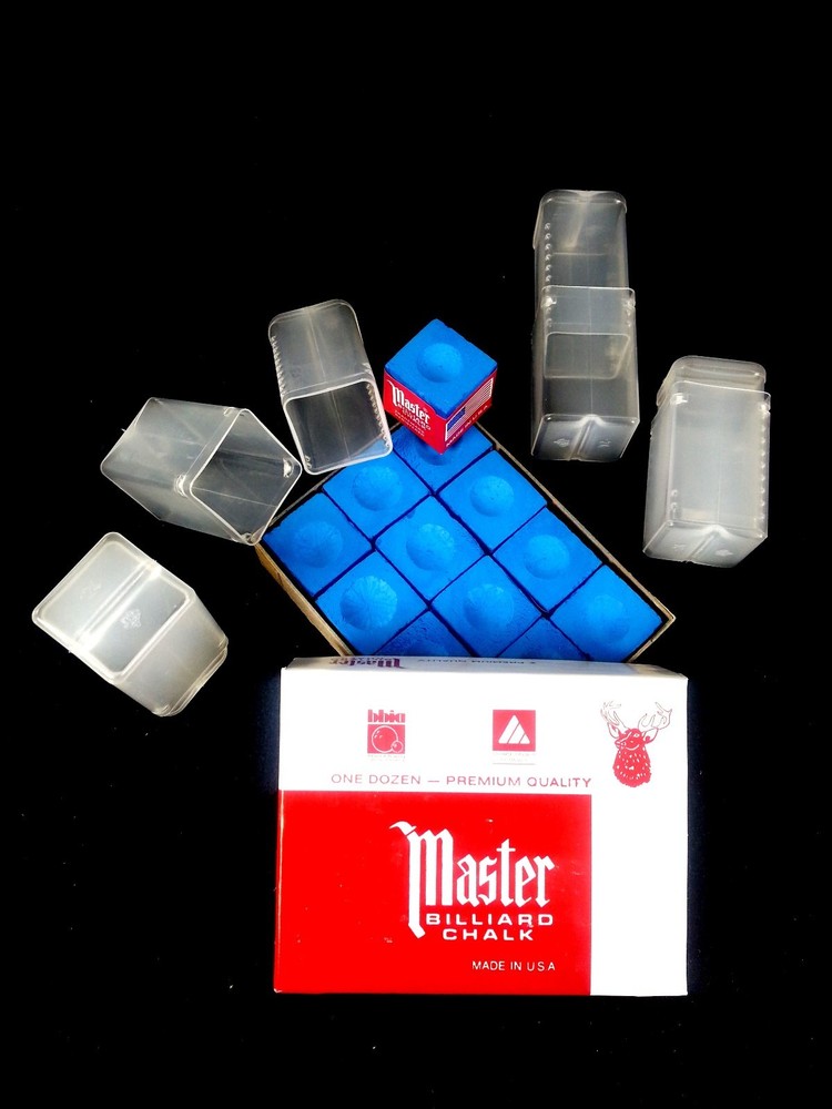 Combo - (12) Pack SKY Blue Master Chalk & (4) Empty Chalk Holder Cases Pool Cue