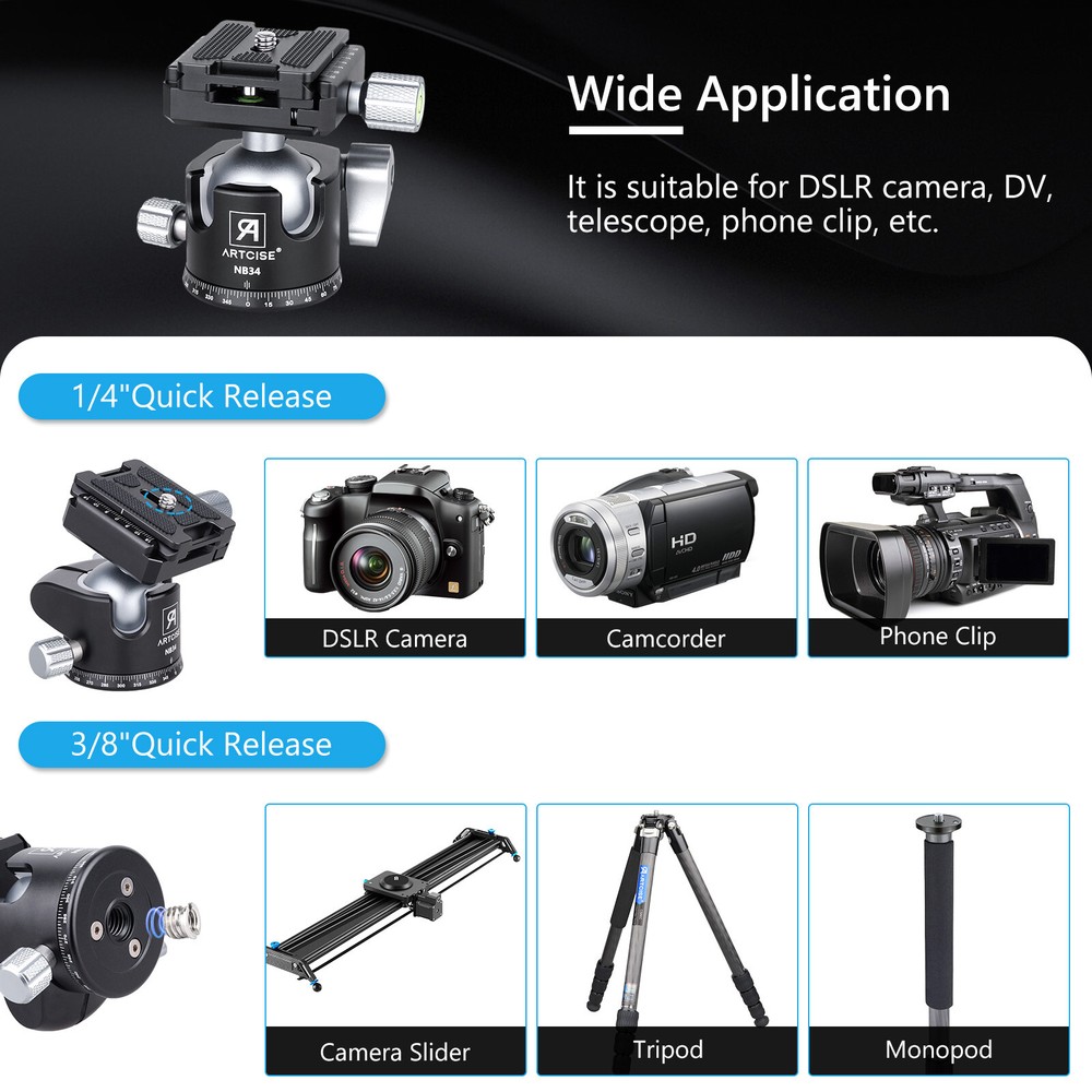 ARTCISE Rotating Panoramic Ball Head Low Profile Tripod Head W/QRP For Camera