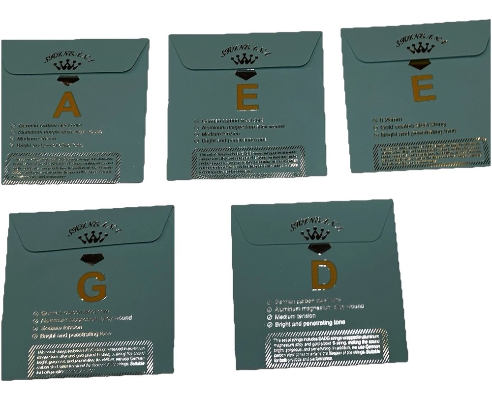 Shineana Gold violin strings (5) in its packaging, designed for 3/4 scale length