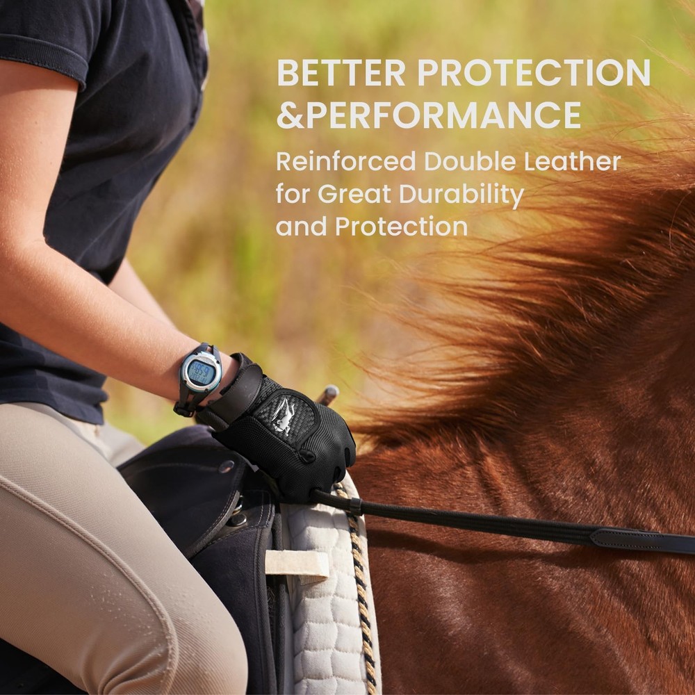 Large Black Stretchable Horse Riding Gloves Durable Breathable Grip Multipurpose