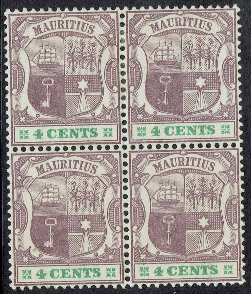 MAURITIUS 1895 ARMS 4C */** BLOCK WMK CROWN CA