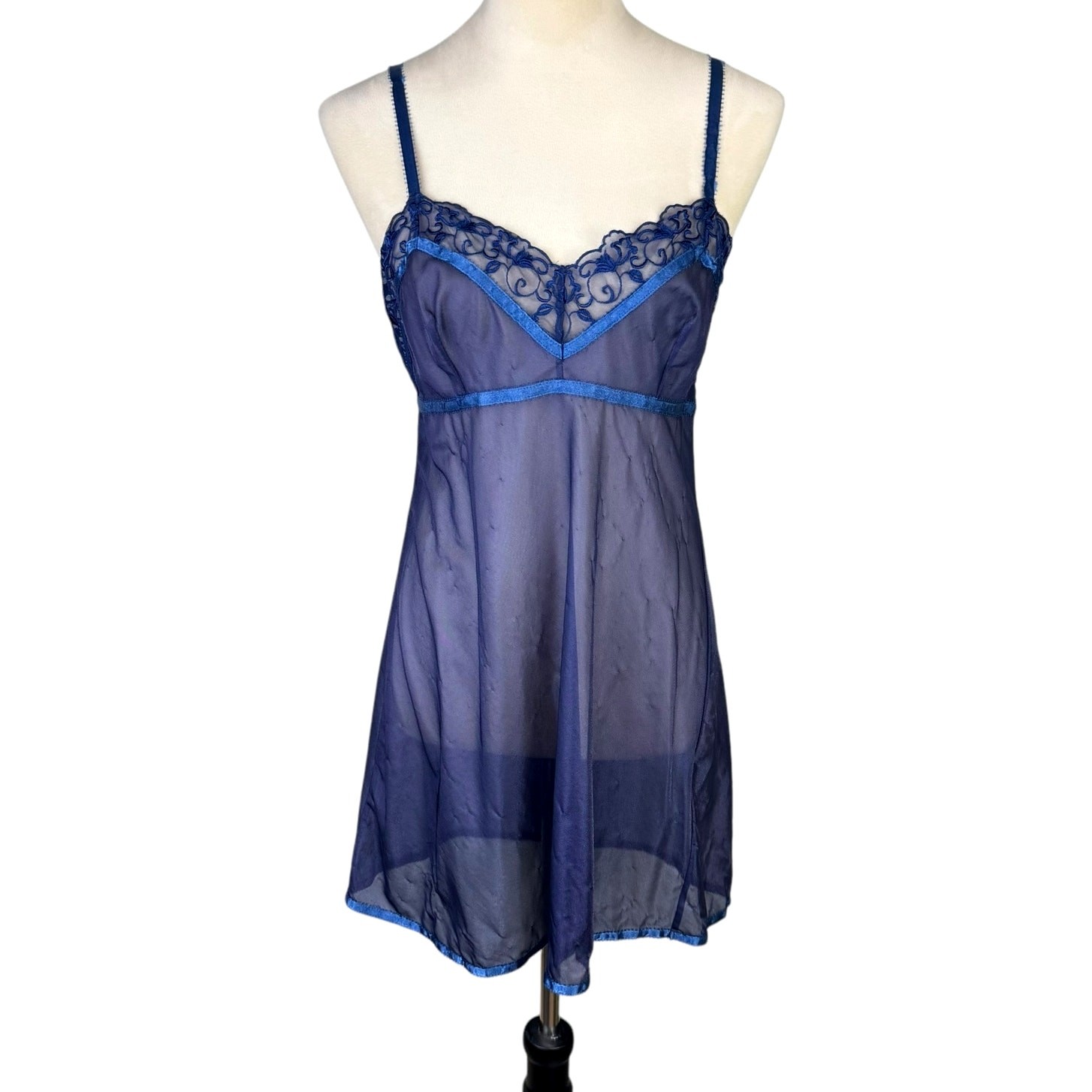 Victorias Secret M Blue Sheer Floral Embroidered Ribbon Trim Lacy Lingerie Top