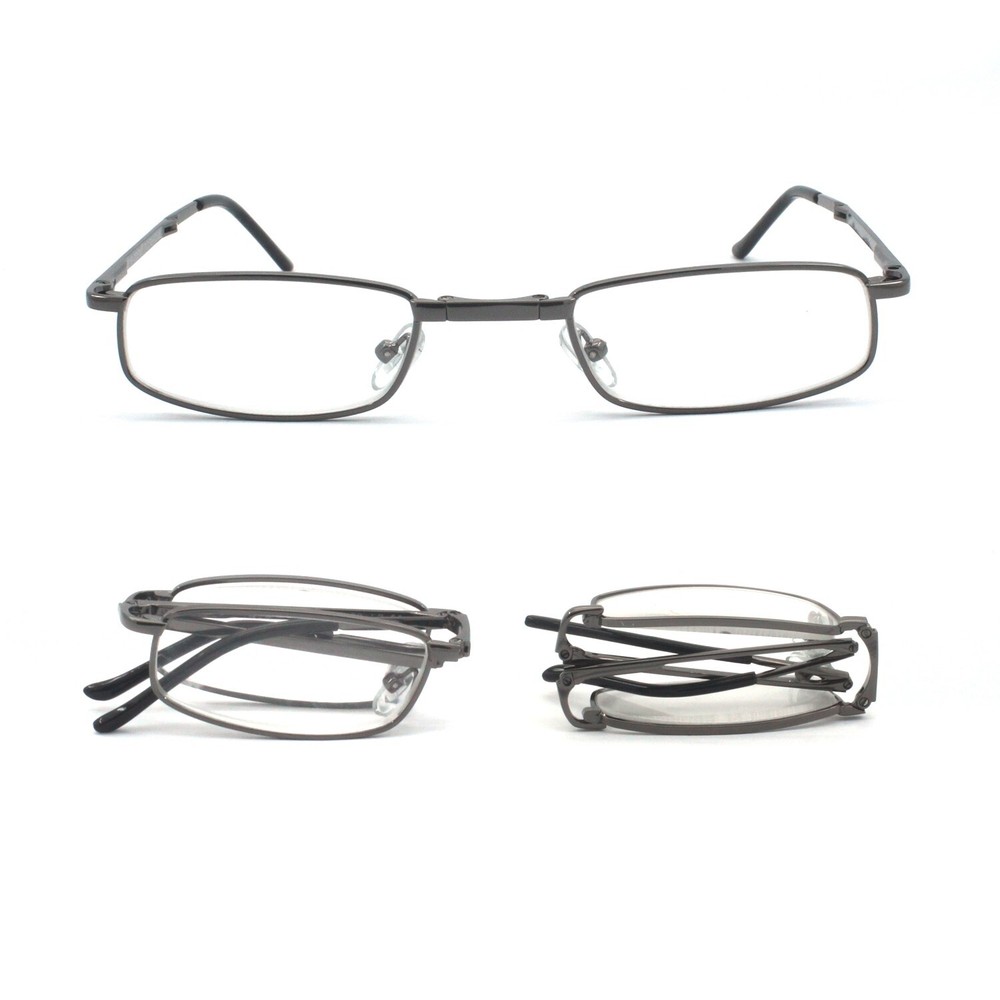 EYEZOOM Compact Rectangular Metal Folding Reading Glasses with Leather Case