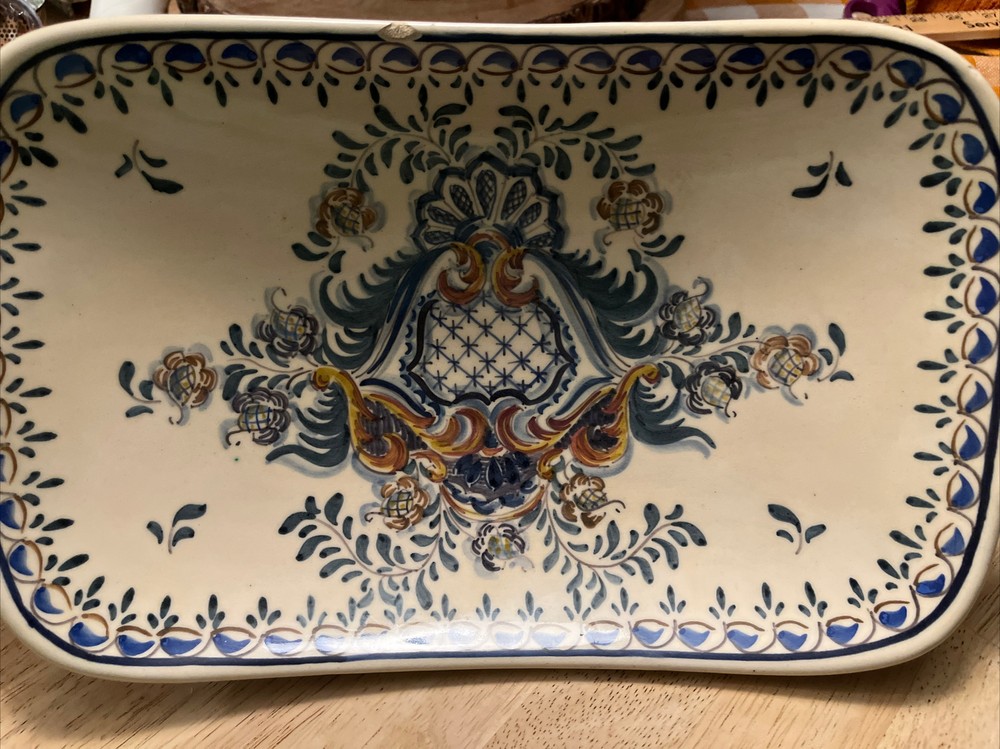 Portuguese Ceramic Rectangle Serving Dish Handmade Blue Brown Green Small Chips
