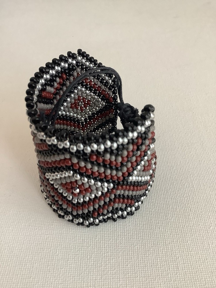 Handmade Beadweaving Bracelet Red Black Silver